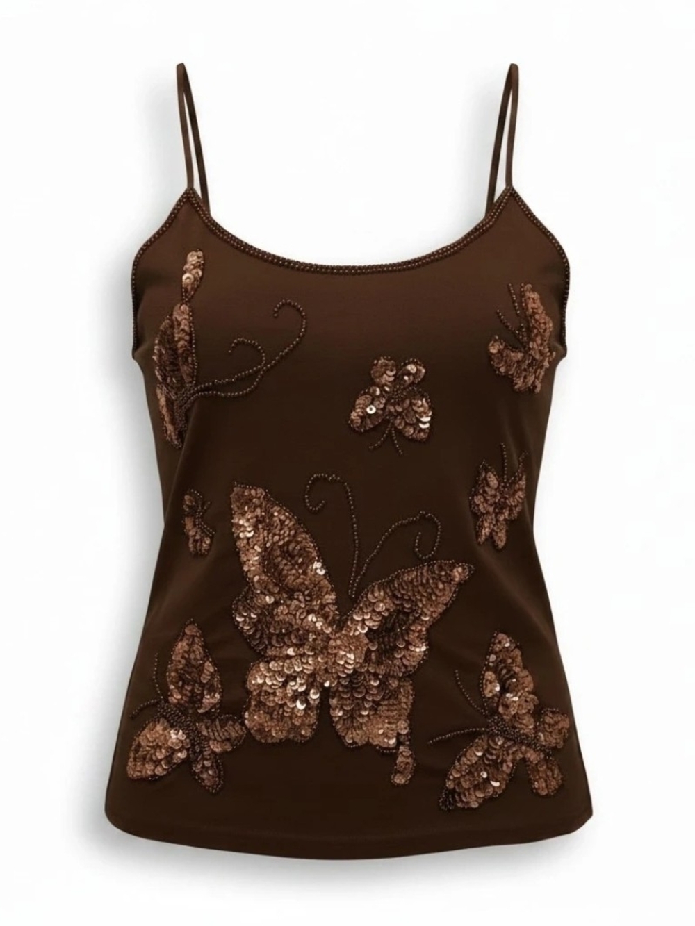 Women's Brown Sequin Butterfly Cami Tank Top